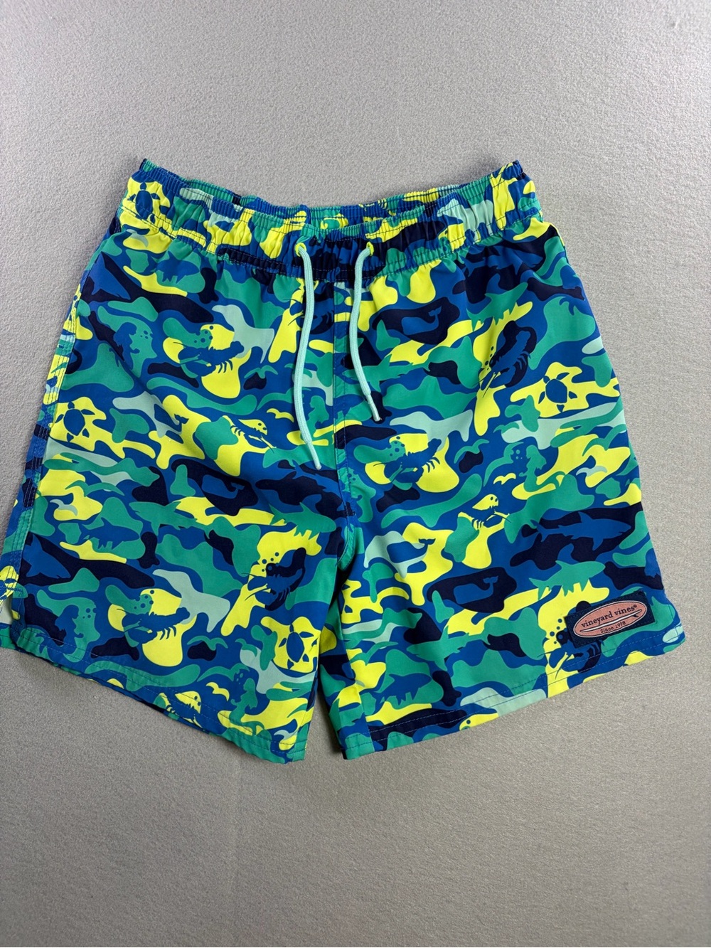 Vineyard Vines Blue, Teal & Yellow Camo Kids Swim Trunks